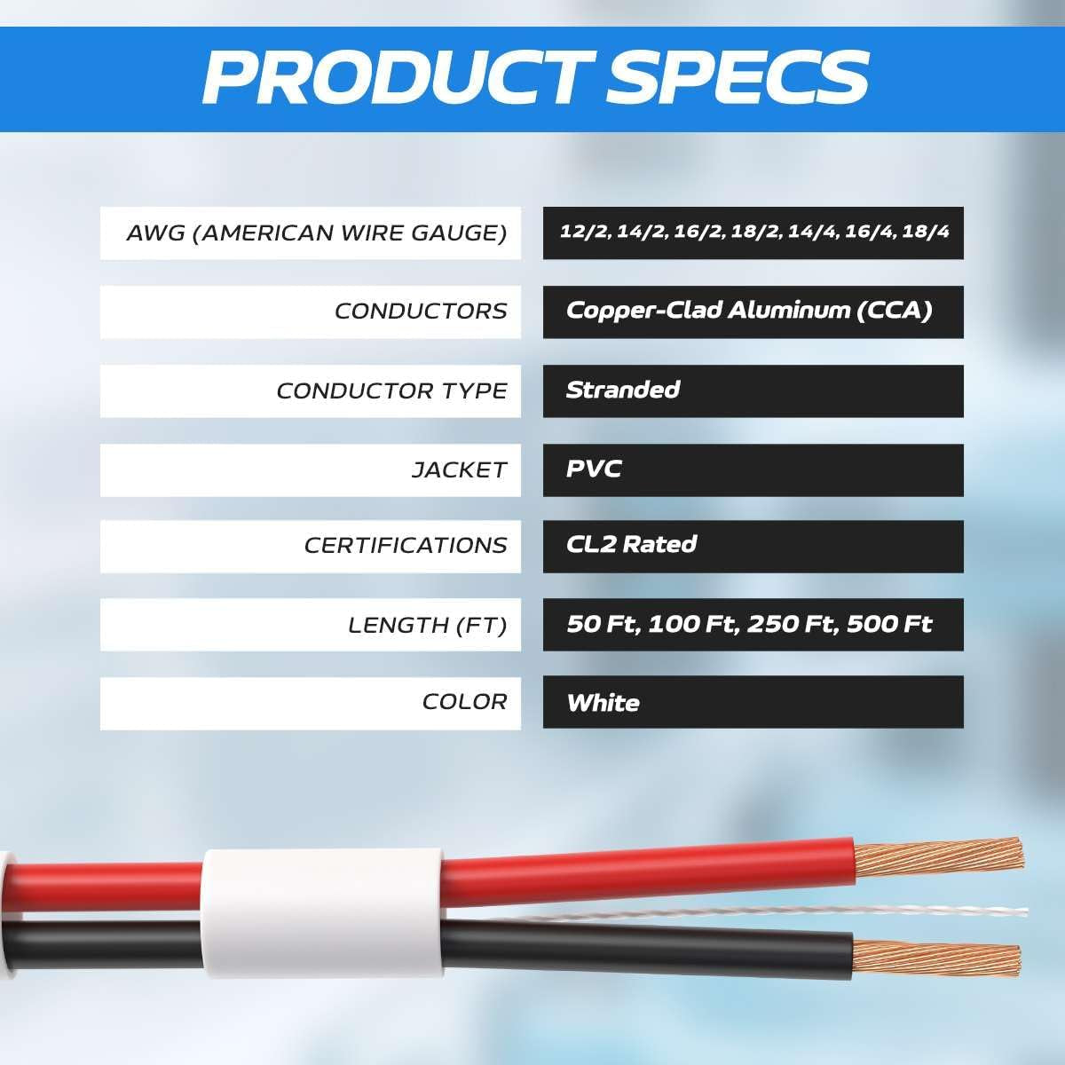 250FT 18/4 Speaker Wire CL2 Rated Indoor Low Voltage Copper Clad Aluminum (CCA) 18 Gauge 4 Conductors Cable with Easy Pull Box – Perfect for In-Wall Installation