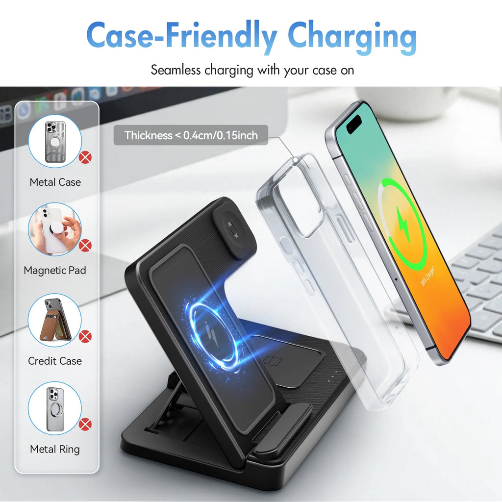 Charging Station,Wirelss Charger,Magnetic Charging Station Compatible with Iphone 17 16 15 14 13 12 11 Pro Max XS Xr,For Iwatch Series 9 8 7 6 5 4 3 2 Se,For Airpods 3 2 Pro,Black,No Adapter
